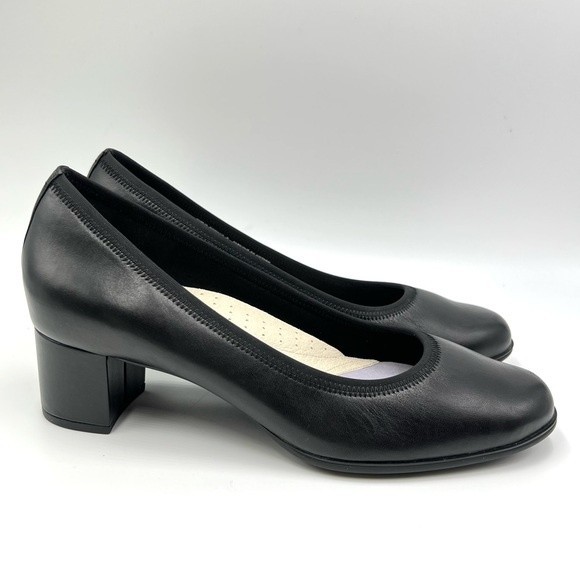 8D 8W 8 WIDE WIDTH Aravon Womens Classic Career Dress Black Leather Pumps Heels - Picture 2 of 15